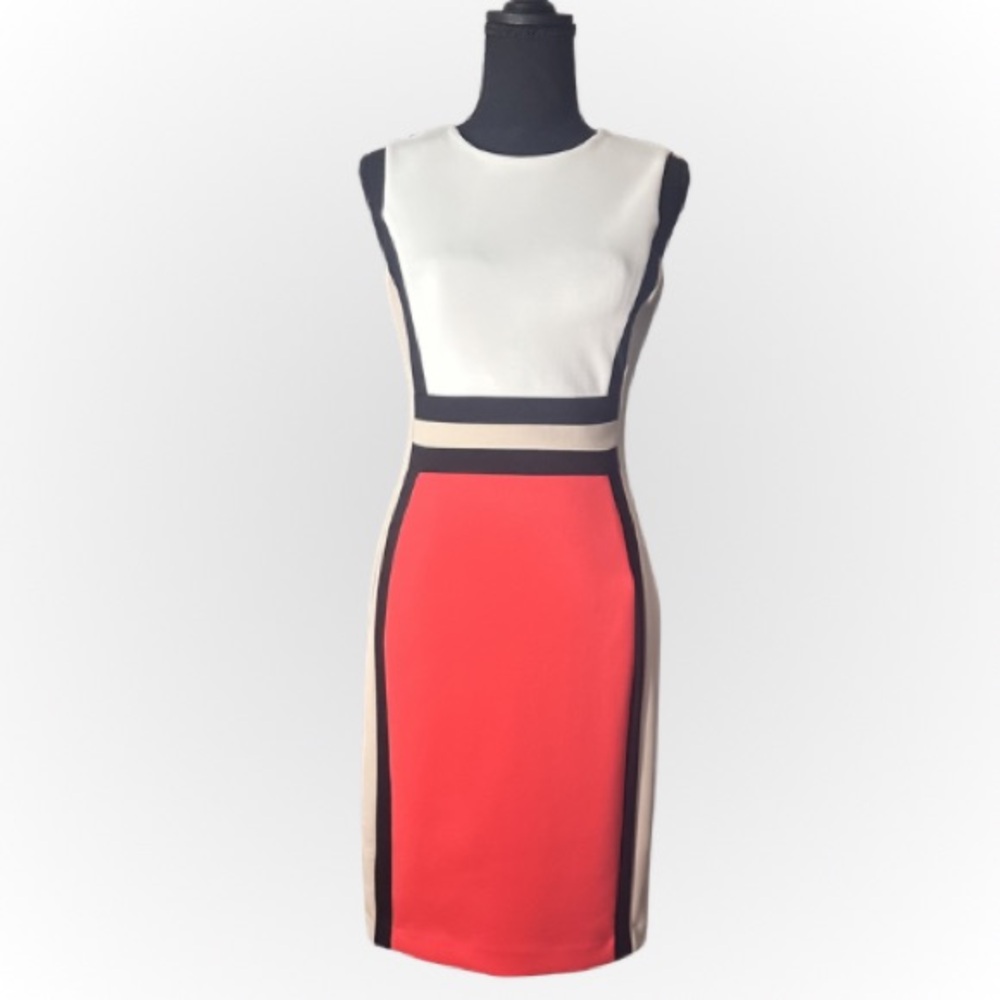 Calvin Klein Colorblock Midi Dress - Cream, Black, Red, Tan
